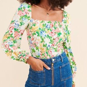 AFRM Revolve Sophie Smocked Top Floral Long Sleeve Square Neck Colorful Spring S